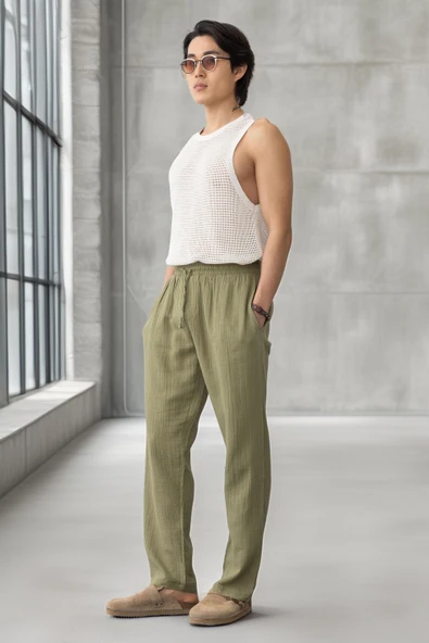 Hafif ve Rahat Müslin Baggy Erkek Pantolon - Haki - Resim 5