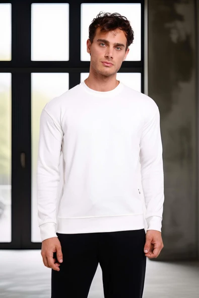 Wenders Relax Fit Basic Fırçalı Interlok Bisiklet Yaka Erkek Sweatshirt - Beyaz - Resim 2