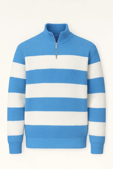Pedro Oversize Çizgili Selanik Örgülü Yarım Fermuar Triko Erkek Kazak - Mavi ürün görseli