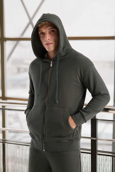 Haneke Regular Kalıp Diagonal 3 İplik Fermuarlı Kapüşonlu Erkek Sweatshirt - Çam Yeşili - Resim 4