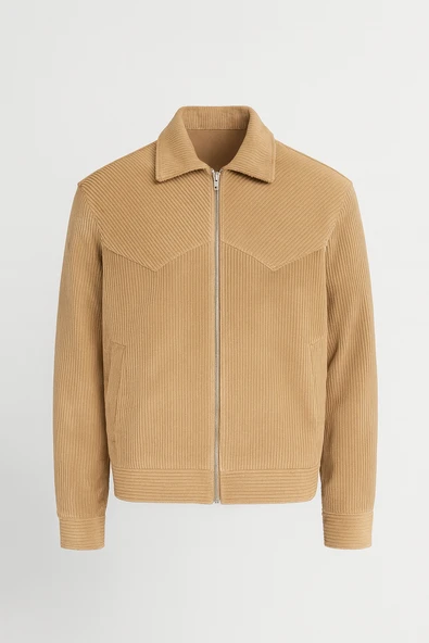 Dreyer Fitilli Kadife Kumaş Fileto Cepli Fermuarlı Erkek Ceket - Bej - Resim 9