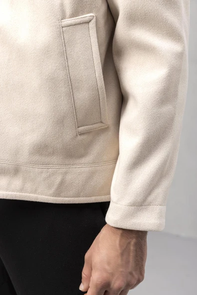 Kaşe Kumaş Fileto Cepli Fermuarlı Erkek Ceket - Taş - 4