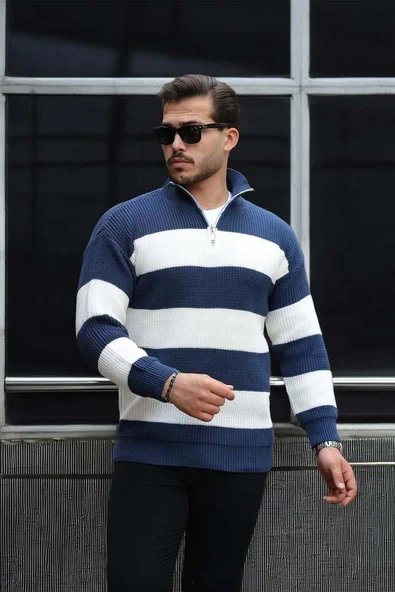Pedro Oversize Çizgili Selanik Örgülü Yarım Fermuar Triko Erkek Kazak - İndigo - Resim 3