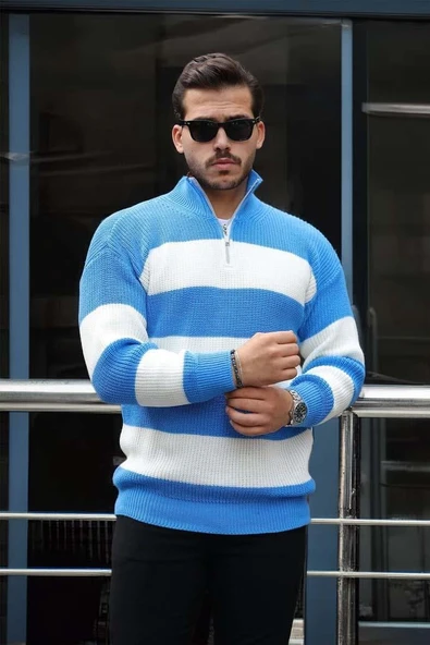 Pedro Oversize Çizgili Selanik Örgülü Yarım Fermuar Triko Erkek Kazak - Mavi - Resim 5