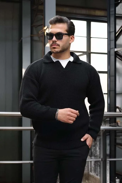 Joris Oversize Gömlek Polo Yaka Selanik Örgülü Erkek Triko Kazak - Siyah - 2