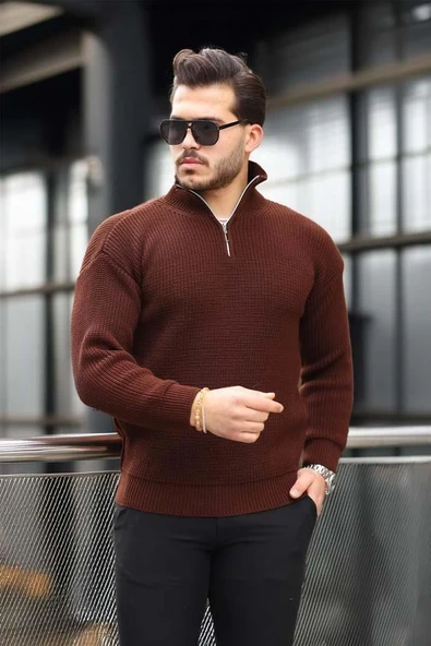 Nolan Oversize Selanik Örgü Yarım Fermuar Erkek Triko Kazak - Kahve - Resim 2