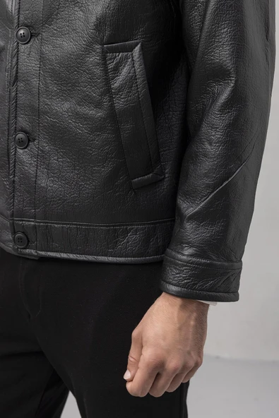 Denzel Düğmeli Yan Cepli Deri Görünümlü Erkek Ceket - Siyah - Resim 6