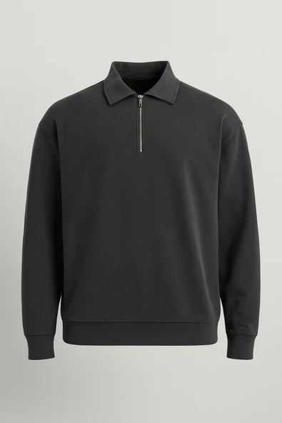 Scuba Modal Kumaş Relaxed Fit Yarım Fermuarlı Polo Yaka Erkek Sweatshirt - Siyah ürün görseli 1