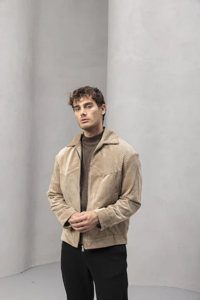 Dreyer Fitilli Kadife Kumaş Fileto Cepli Fermuarlı Erkek Ceket - Bej - Resim 4