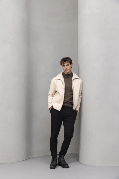 Kaşe Kumaş Fileto Cepli Fermuarlı Erkek Ceket - Taş - 5