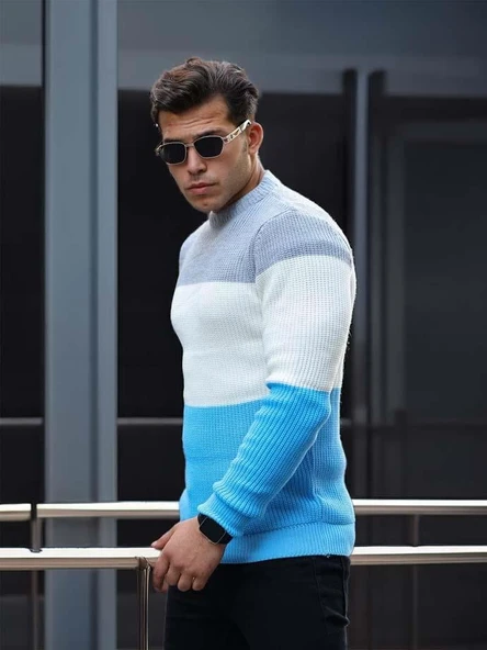 Parça Desen Bisiklet Yaka Erkek Kazak - Mavi - Resim 4