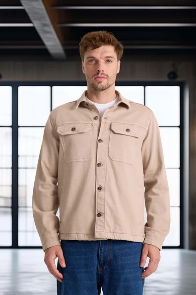 Brad Gabardin Kumaş Yan Cepli Erkek Kot Ceket - Kum Beji - Resim 5