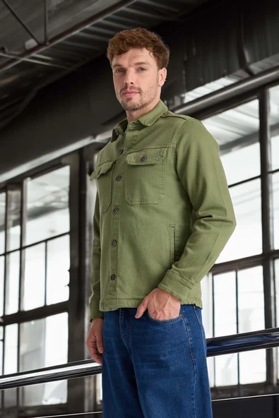 Brad Gabardin Kumaş Yan Cepli Erkek Kot Ceket - Haki - Resim 2