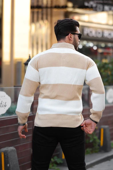 Düğmeli Polo Yaka Yarım Oversize  Çizgili Triko Kazak - Bej - Resim 3