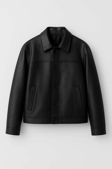 Denzel Düğmeli Yan Cepli Deri Görünümlü Erkek Ceket - Siyah ürün görseli