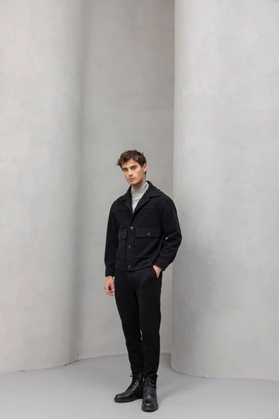 Gaspar Kaşe Kumaş Düğmeli Rahat Kalıp Erkek Ceket - Siyah - 4