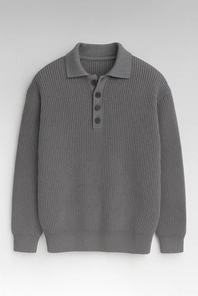 Oversize Selanik Örgü 4 Düğmeli Yarım Pat Rahat Kalıp Erkek Triko Kazak - Füme ürün görseli