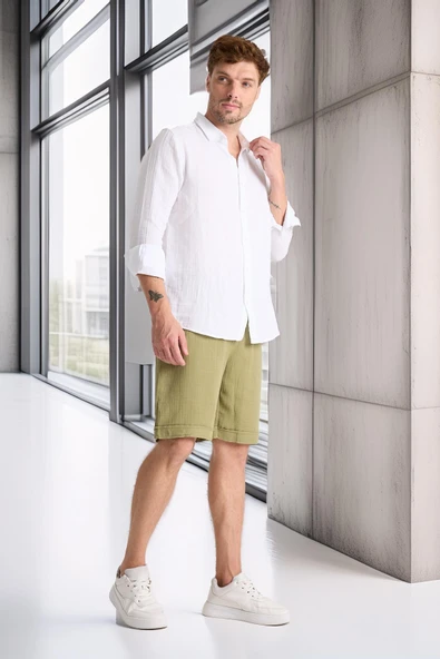 Hafif ve Rahat Duble Paça Müslin Erkek Şort - Açık Haki - Resim 5