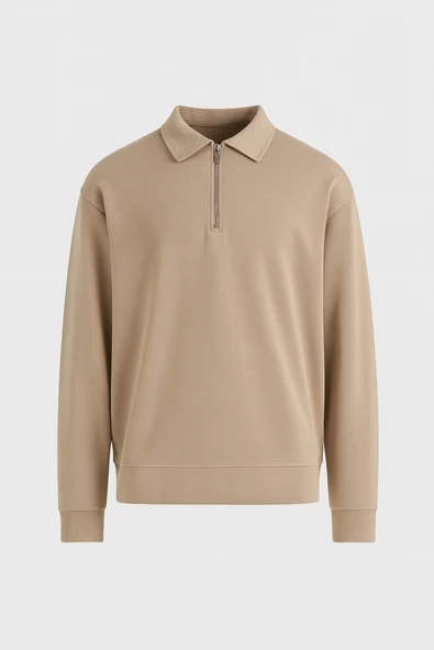 Scuba Modal Kumaş Relaxed Fit Yarım Fermuarlı Polo Yaka Erkek Sweatshirt - Bej ürün görseli 1