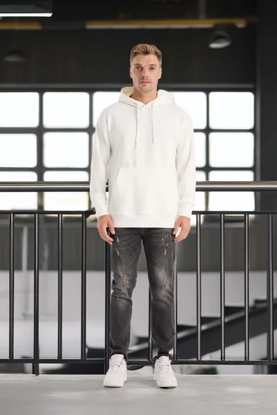 Luc Oversize Basic Dalgıç Kumaş Viskon Kapüşonlu Cepli Sweatshirt Hoodie - Ekru - Resim 6