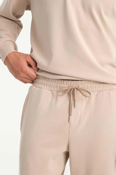 Scuba Modal Kumaş Relaxed Fit Erkek Eşofman Altı Pantolon - Bej - Resim 2