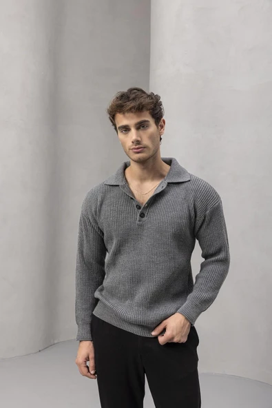 Oversize Selanik Örgü 4 Düğmeli Yarım Pat Rahat Kalıp Erkek Triko Kazak - Füme - Resim 2