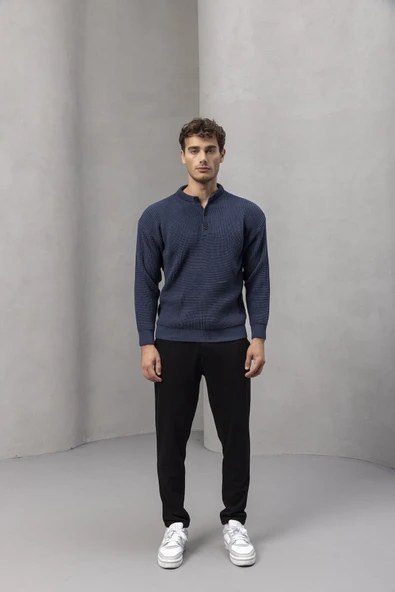 Wes Selanik Örgü 3 Düğmeli Yarım Pat Rahat Kalıp Erkek Triko Kazak - İndigo - Resim 5