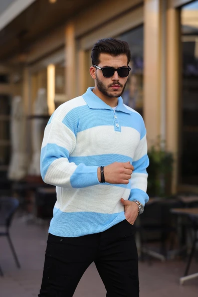 Düğmeli Polo Yaka Yarım Oversize Çizgili Triko Kazak - Mavi - 3