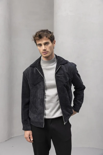 Dreyer Fitilli Kadife Kumaş Fileto Cepli Fermuarlı Erkek Ceket - Siyah - Resim 6