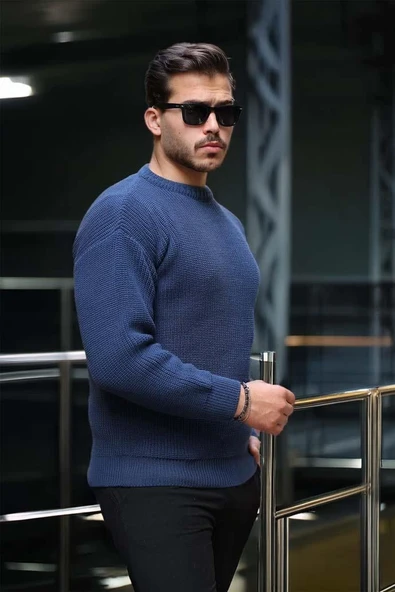 Pilar Oversize Selanik Örgülü Bisiklet Yaka Erkek Kazak - İndigo - 5