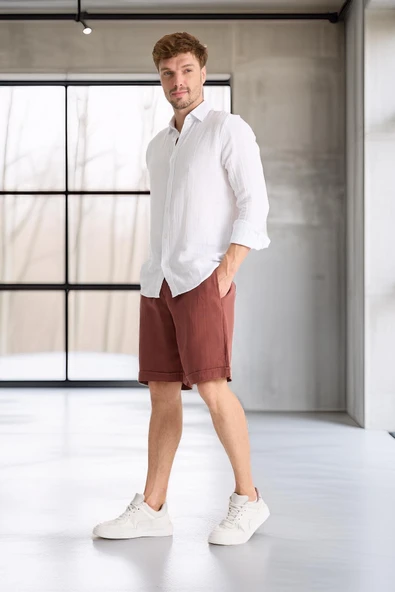 Hafif ve Rahat Duble Paça Müslin Erkek Şort - Kiremit - Resim 4