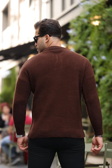Modern Fit Polo Yaka Çizgili Triko Kazak - Kahve - 4