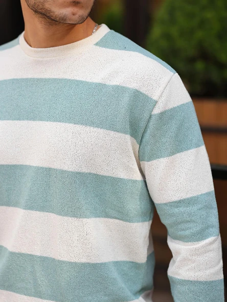 Yatay Şerit Çizgi Triko Kazak - Su Yeşili - Resim 4