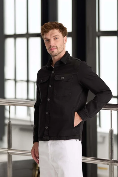 Brad Gabardin Kumaş Yan Cepli Erkek Kot Ceket - Siyah - Resim 2