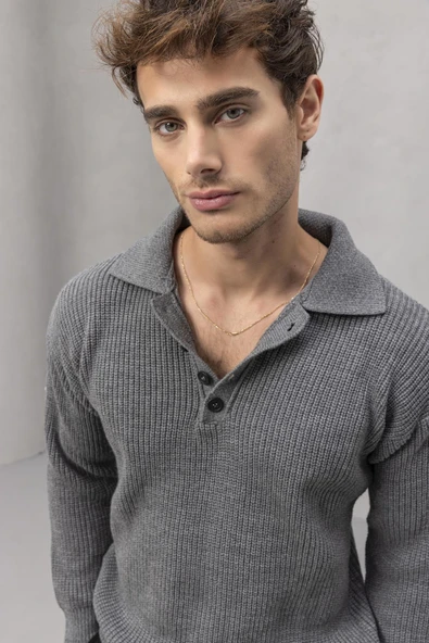 Oversize Selanik Örgü 4 Düğmeli Yarım Pat Rahat Kalıp Erkek Triko Kazak - Füme - Resim 3