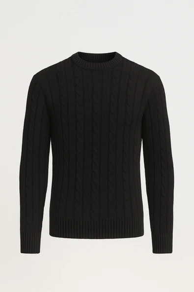 Saç Örgülü Bisiklet Yaka Erkek Triko Kazak - Siyah ürün görseli