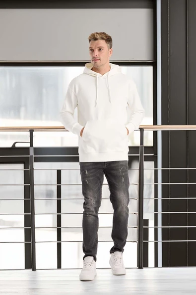 Luc Oversize Basic Dalgıç Kumaş Viskon Kapüşonlu Cepli Sweatshirt Hoodie - Ekru - Resim 5