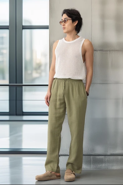 Hafif ve Rahat Müslin Baggy Erkek Pantolon - Haki - Resim 7