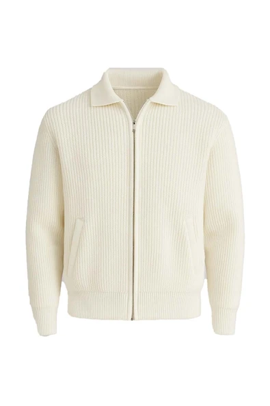 Coppola Selanik Örgü Polo Yaka Cepli Fermuarlı Rahat Kalıp Erkek Triko Hırka - Ekru ürün görseli 1