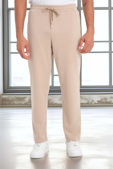 Scuba Modal Kumaş Relaxed Fit Erkek Eşofman Altı Pantolon - Bej - Resim 3