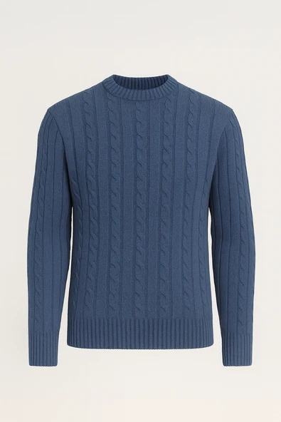 Saç Örgülü Bisiklet Yaka Erkek Triko Kazak - İndigo ürün görseli