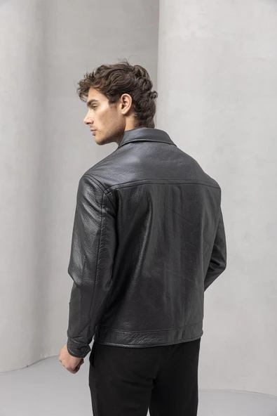 Denzel Düğmeli Yan Cepli Deri Görünümlü Erkek Ceket - Siyah - Resim 7