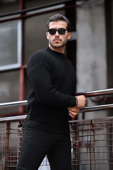 Pilar Oversize Selanik Örgülü Bisiklet Yaka Erkek Triko Kazak - Siyah - Resim 5