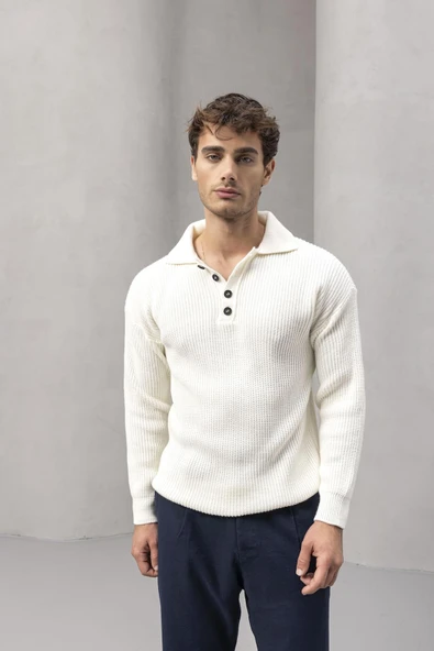 Oversize Selanik Örgü 4 Düğmeli Yarım Pat Rahat Kalıp Erkek Triko Kazak - Ekru - 4