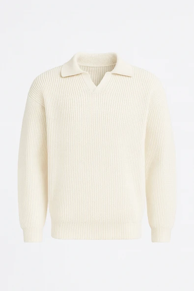 Joris Oversize Gömlek Polo Yaka Selanik Örgülü Erkek Triko Kazak - Ekru