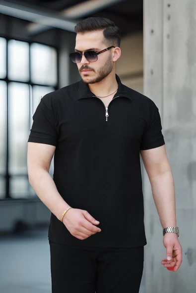 Likralı Örme Yarım Fermuar Polo Yaka Erkek Tişört - Siyah ürün görseli 1