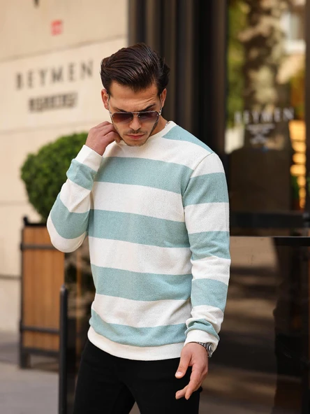 Yatay Şerit Çizgi Triko Kazak - Su Yeşili - Resim 2