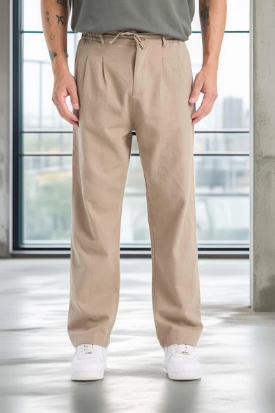 Bergman Keten Görünümlü Pamuklu Flamlı Rahat Kalıp Pileli Erkek Pantolon - Kum Beji ürün görseli