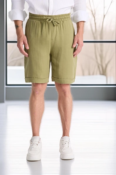Hafif ve Rahat Duble Paça Müslin Erkek Şort - Açık Haki ürün görseli 1