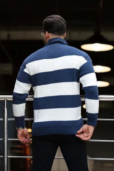 Pedro Oversize Çizgili Selanik Örgülü Yarım Fermuar Triko Erkek Kazak - İndigo - Resim 6
